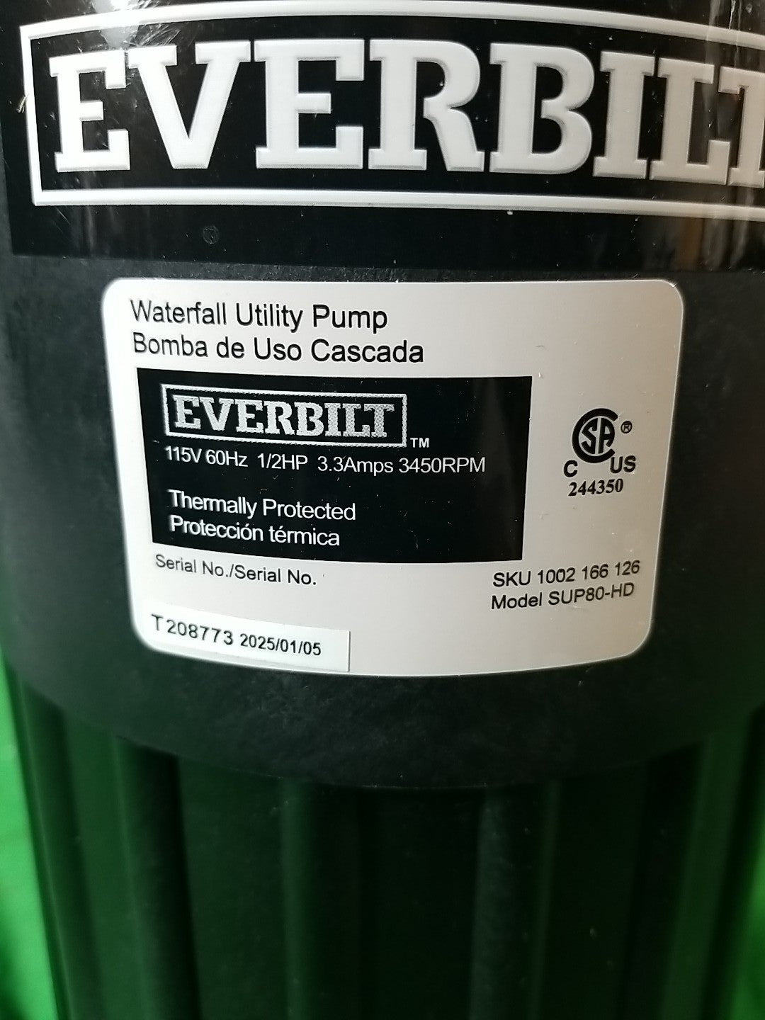 EVERBILT Waterfall & Pond Pump 1/2 HP 53 GPM 26 Ft Max Vertical Lift SUP80-HD.