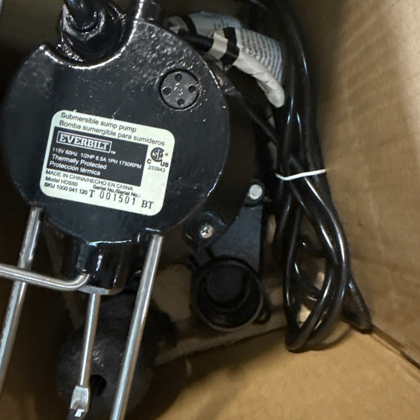 Everbilt 1/2 HP Cast Iron Sump Pump Model # HDS50 OPEN BOX