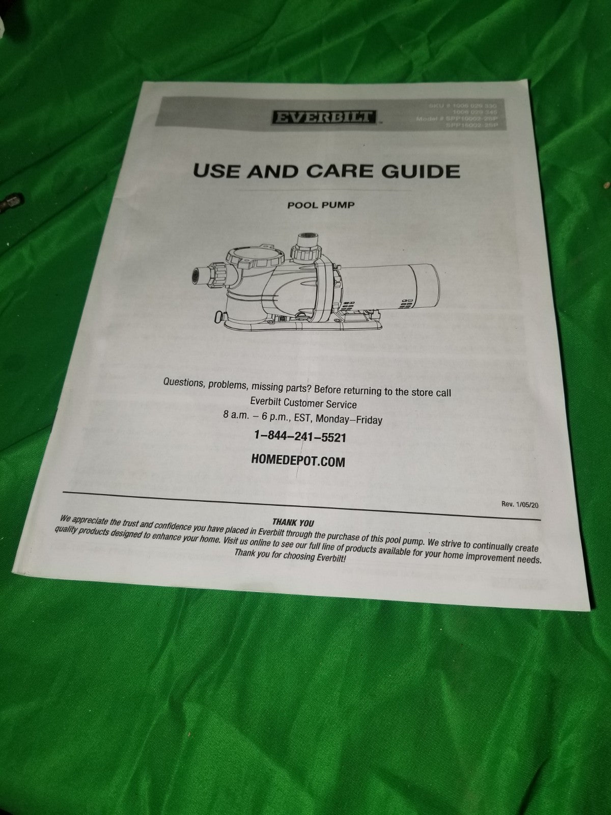 Everbilt Pool Pump Fan-Cooled Motor 1.5 HP 230V Has Unions*