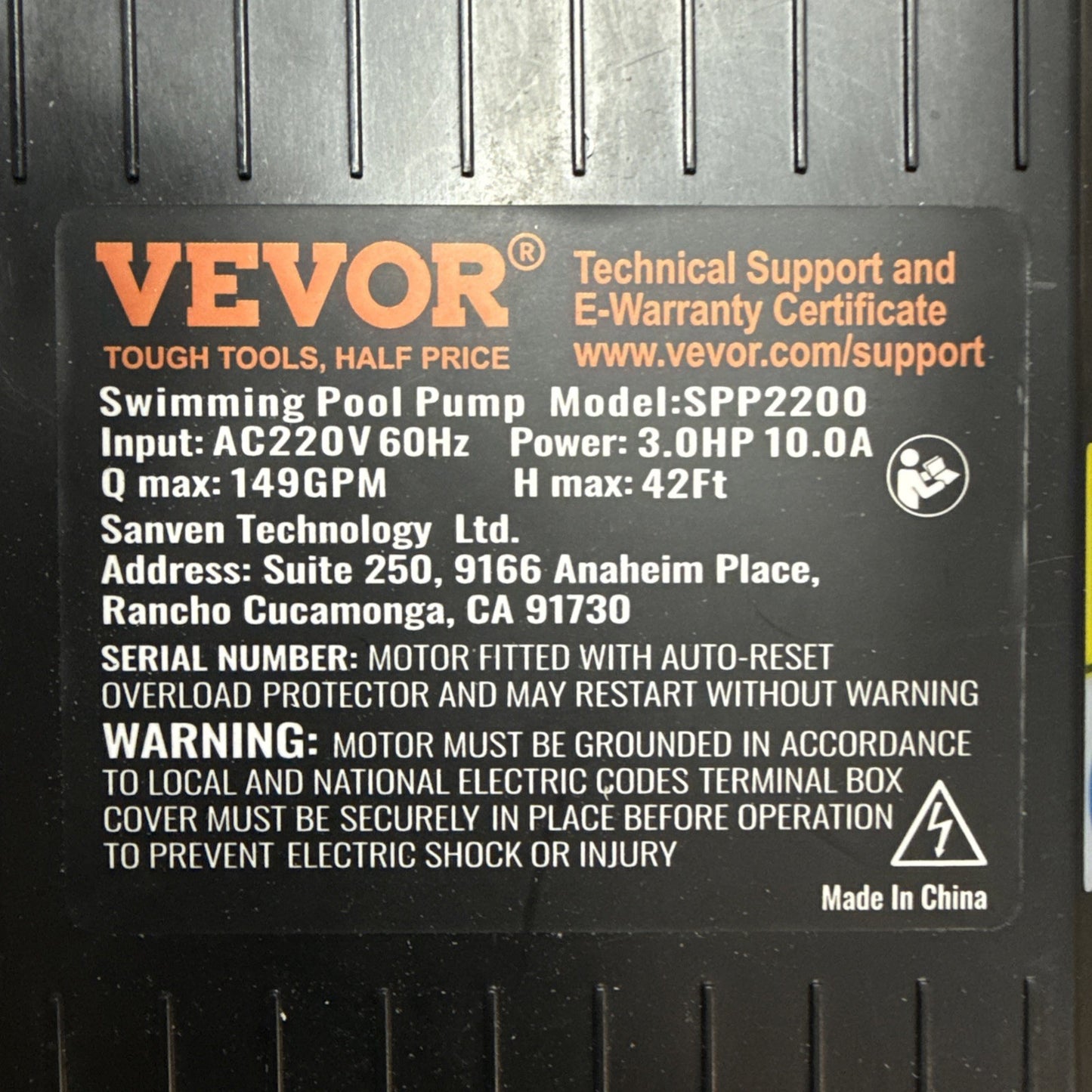 3 HP Above Ground Swimming Pool Pump Single Speed 149 GPM 3450 RPM 220V