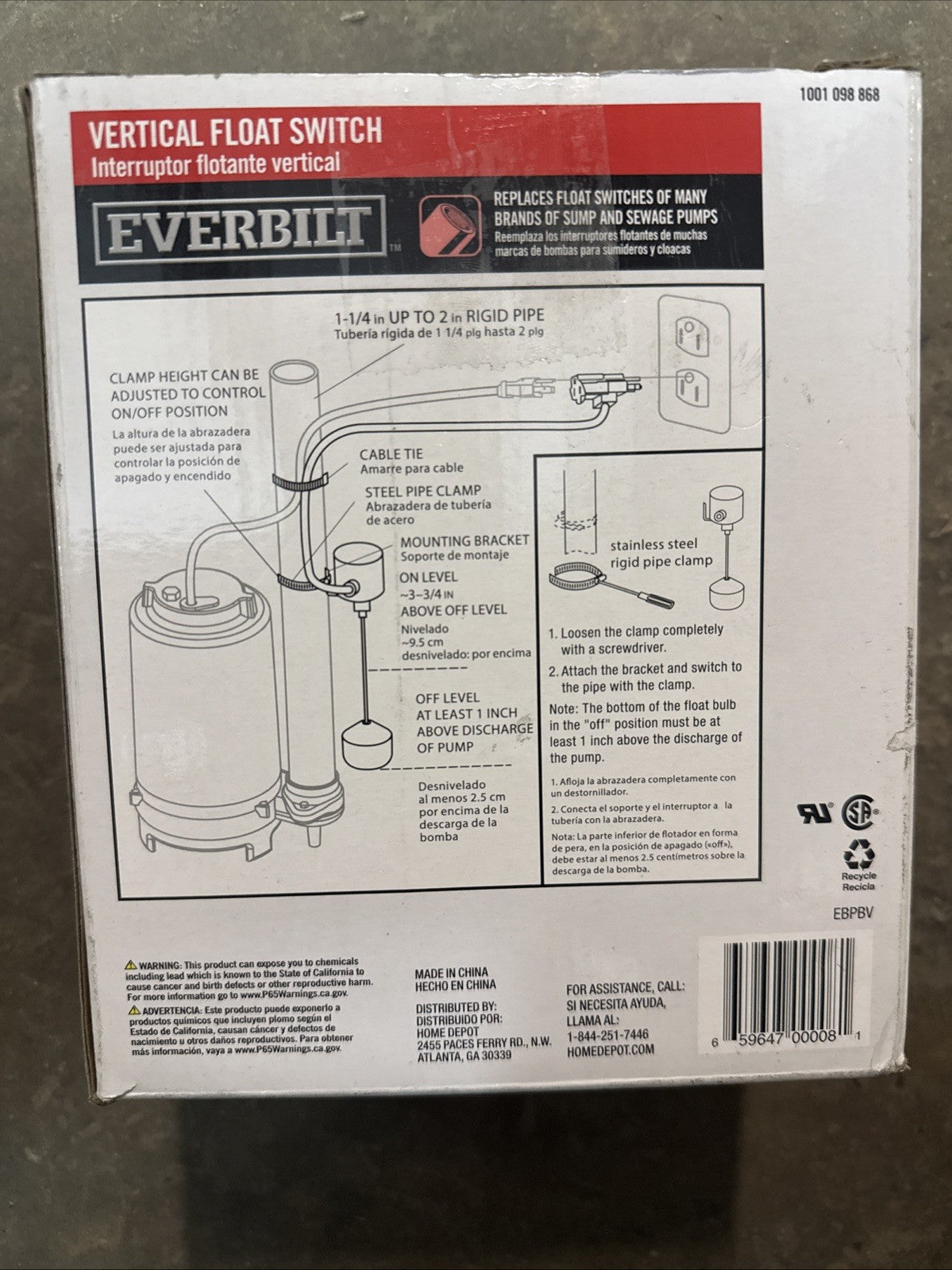 Everbilt 8 ft Vertical Float Switch for Sump Pumps. New in Box.