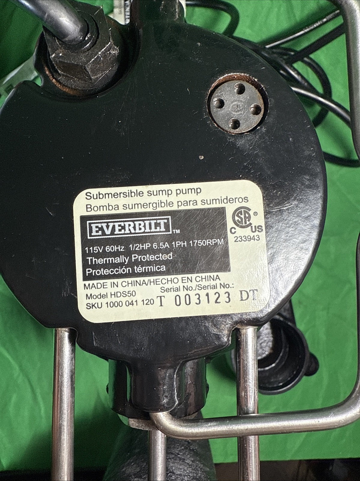 Everbilt 1/2 HP Cast Iron Sump Pump Model # HDS50 OPEN BOX.