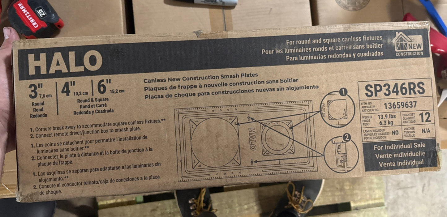 Halo Rough-in mounting smash plates for 3/4/6” Canless LEDs - SP346RS (12pk)