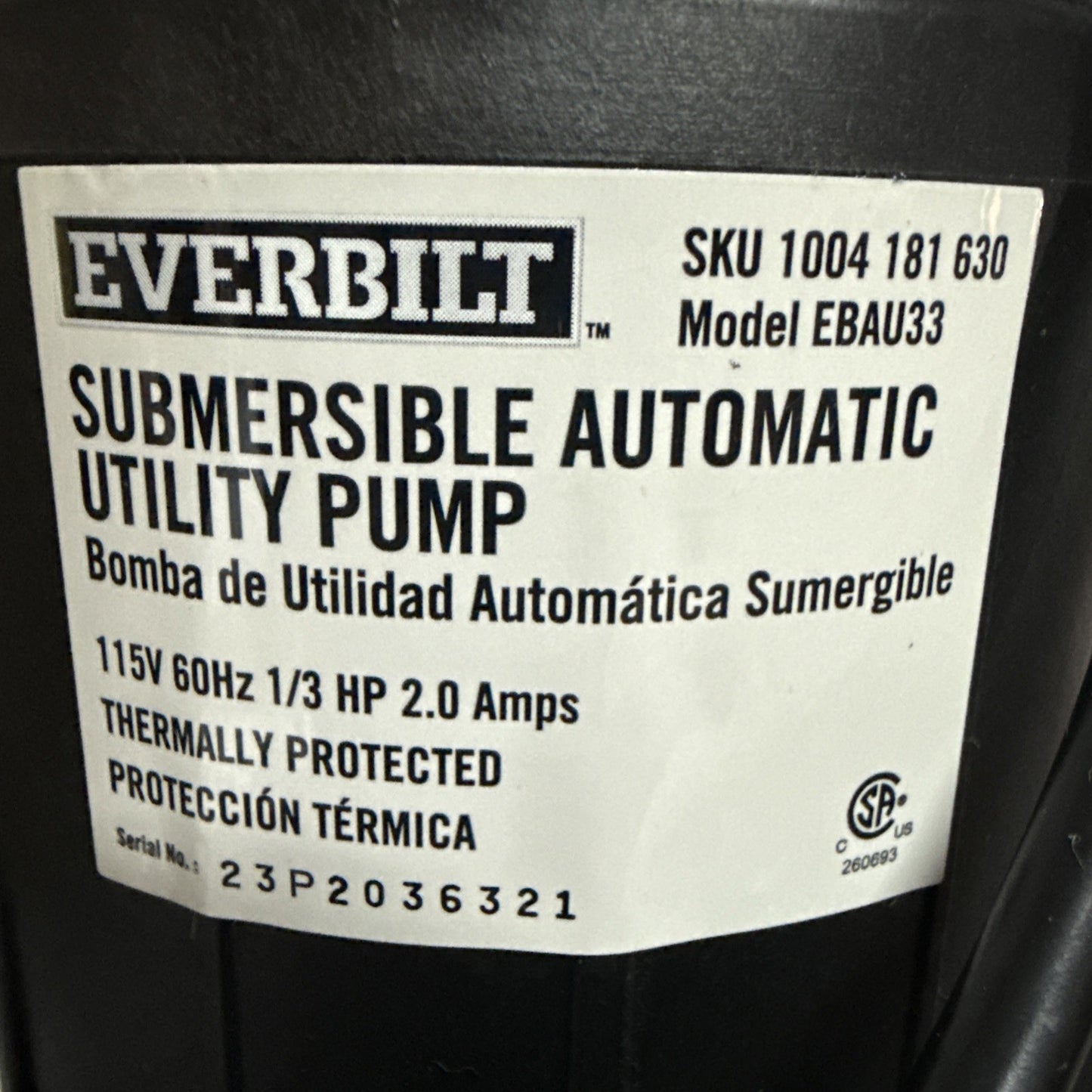 Everbilt HPEBAU33 1/3 HP Utility Pump Portable Water Removal Pump automatic off