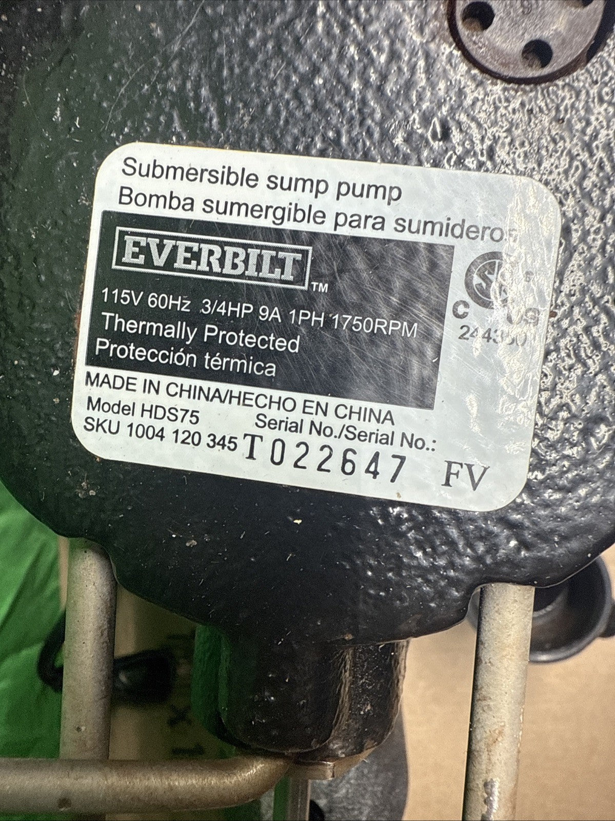 Everbilt 3/4HP Cast-Iron Pro-Grade Submersible Sump Pump 1004 120 345 HDS75 USED