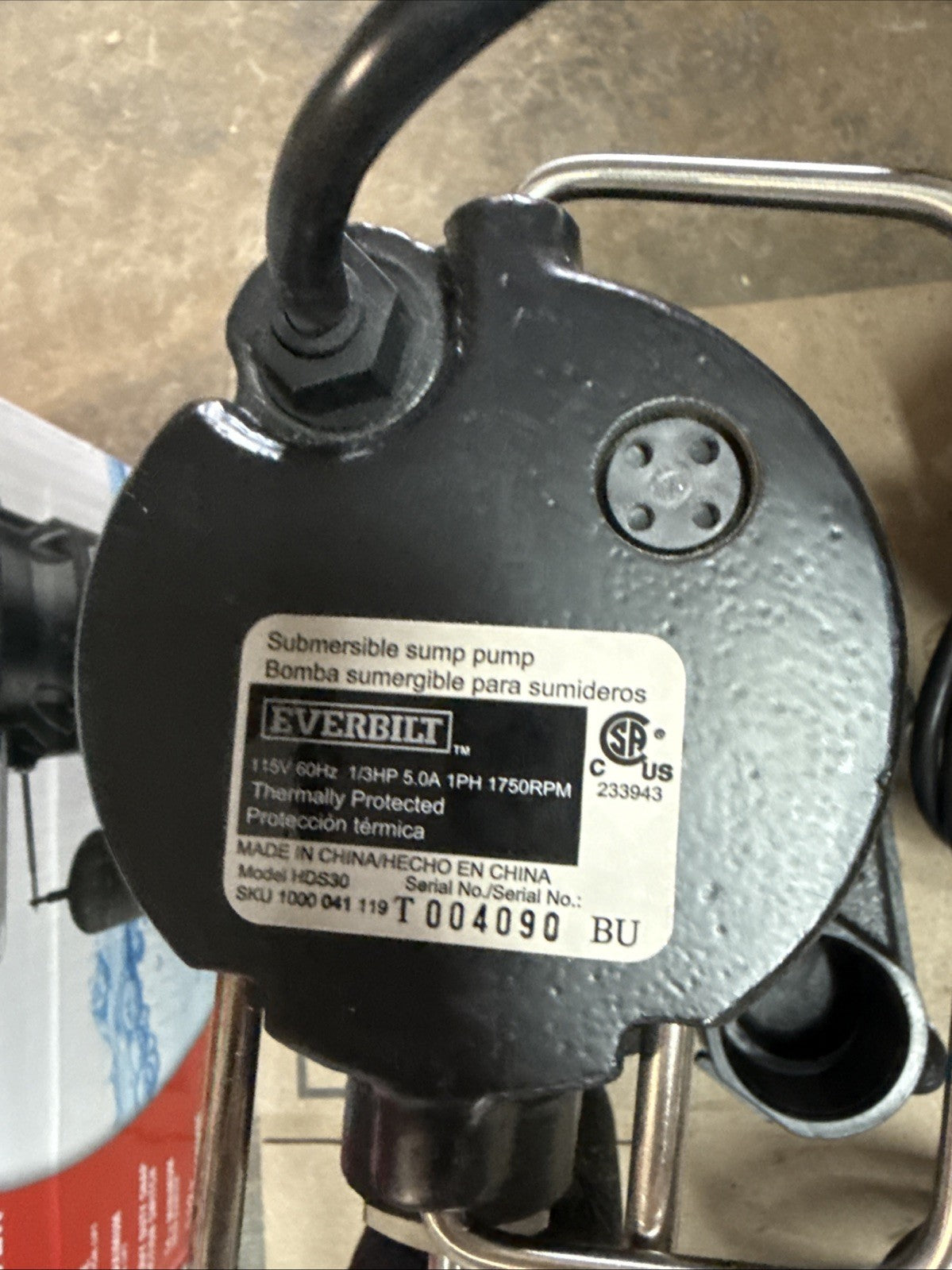 Everbilt 1/3 HP Cast Iron Submersible Sump Pump NEW open Box