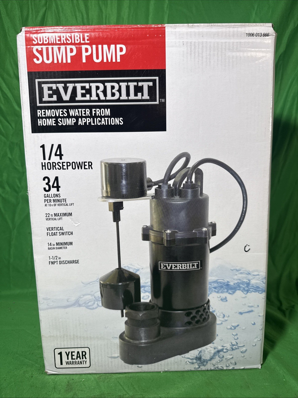 Everbilt 1/4 HP Aluminum Submersible Sump Pump Vertical Switch New Open Box