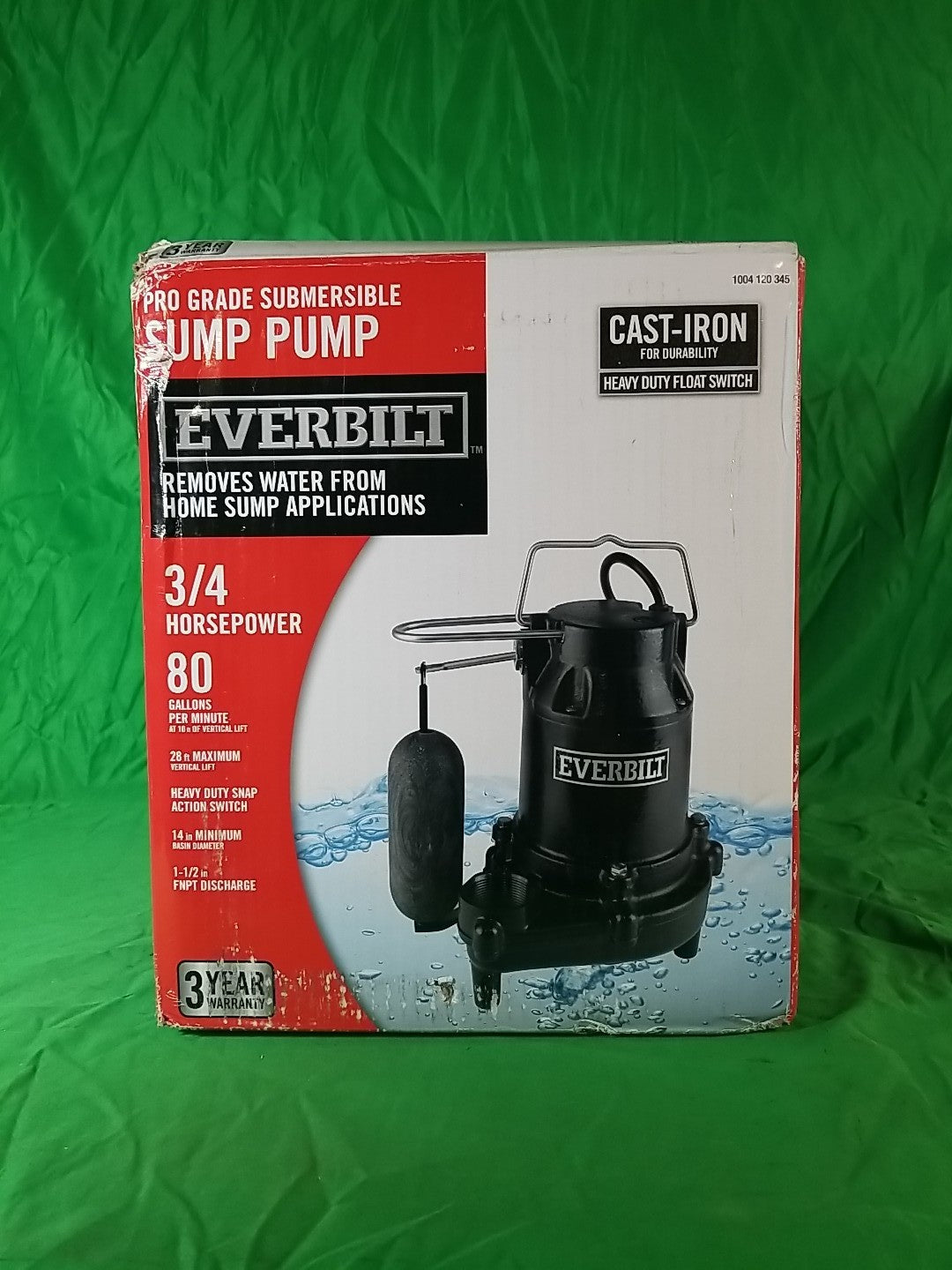 Everbilt 3/4HP Cast-Iron Pro-Grade Submersible Sump Pump 1004 120 345 HDS75.