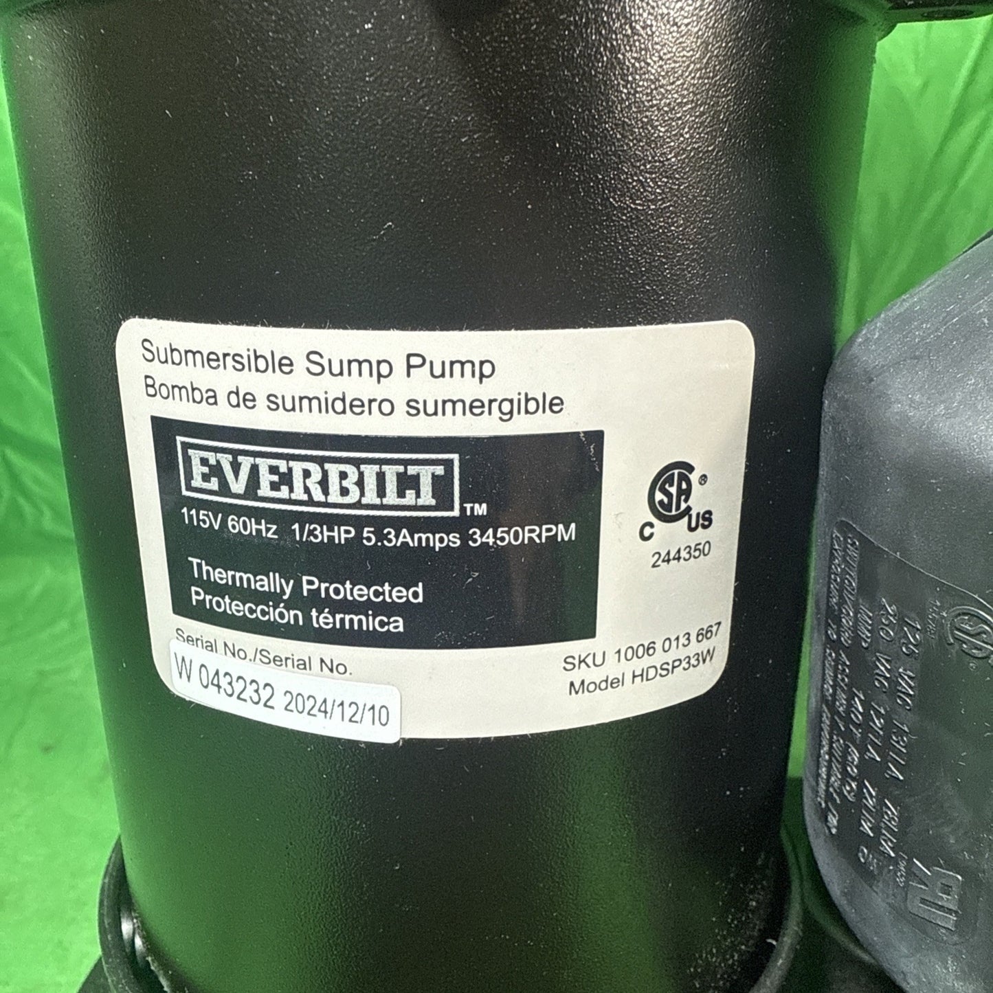 Everbilt 1/3 HP Corrosion Resistant Aluminum Sump Pump w/ Tether Switch NEW OB..
