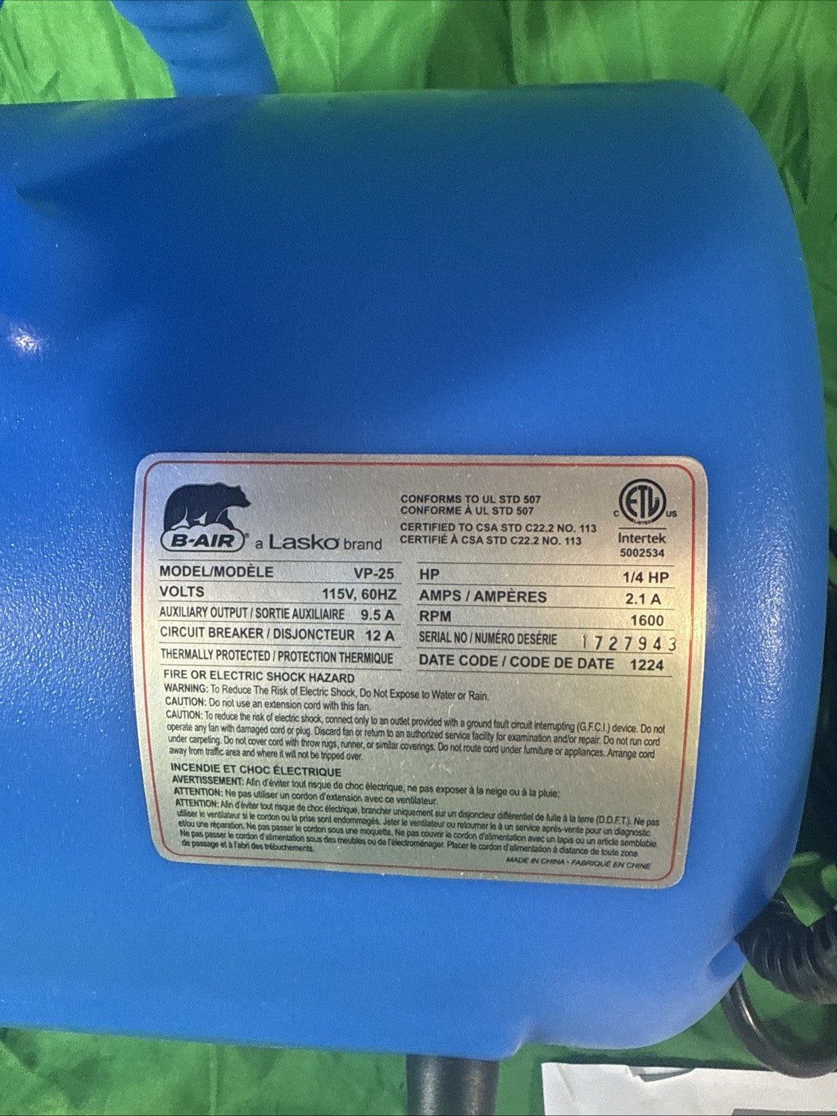 B-Air 1/4 HP Air Mover Blower Fan for Water Damage Restoration in Blue