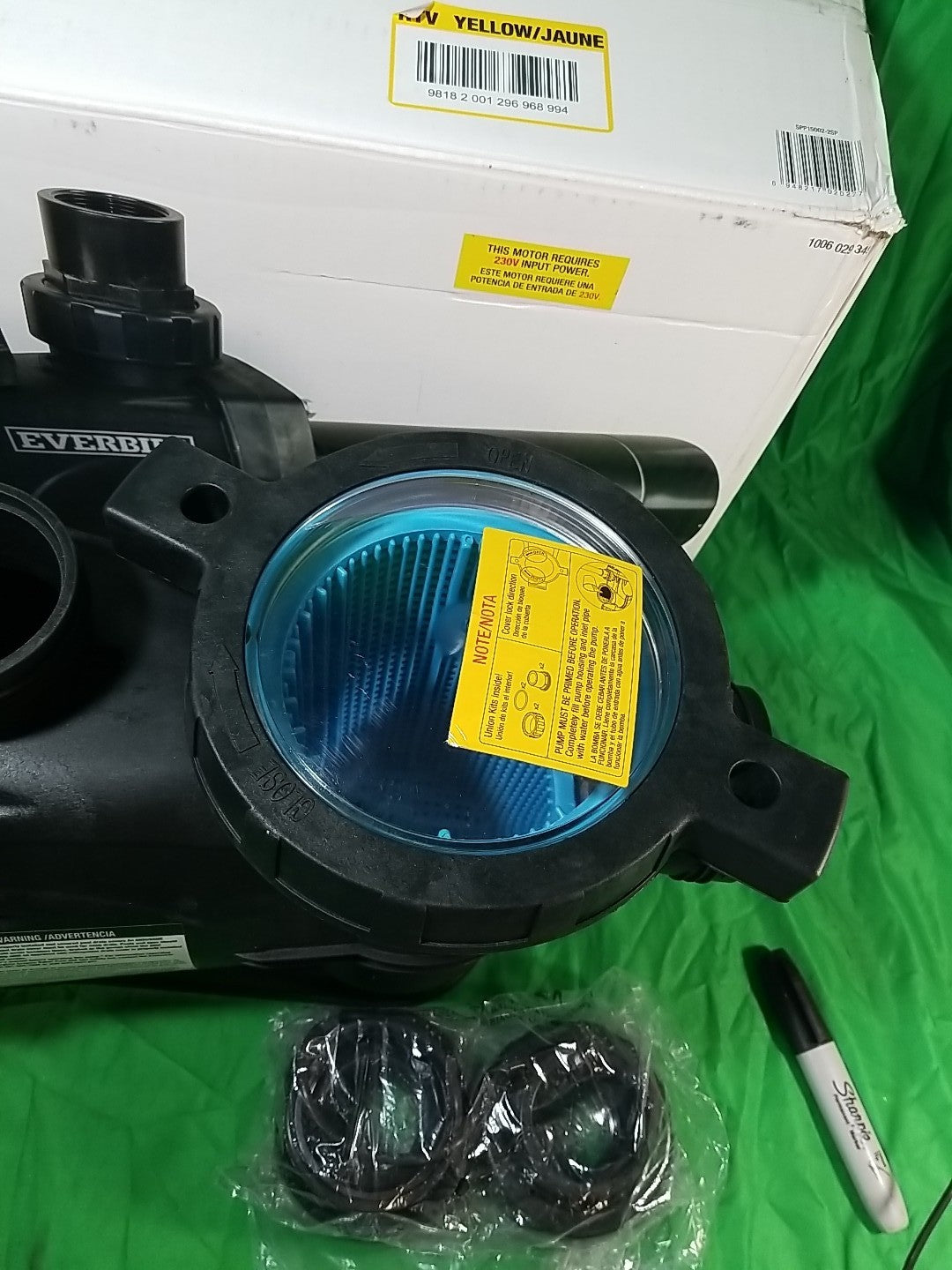 Everbilt Pool Pump Fan-Cooled Motor 1.5 HP 230V Has Unions.