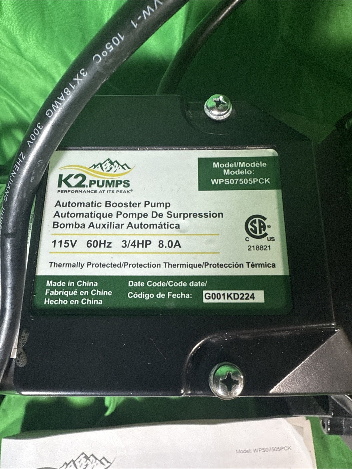 K2 Pumps Automatic Booster Pump 3/4 Hp Lead Free Stainless Steel 115V