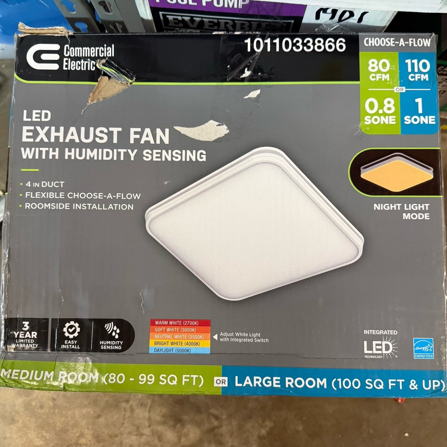 Commercial Electric 80/110 CFM Bath Exhaust Fan Light&Humidity Sensor BF1110