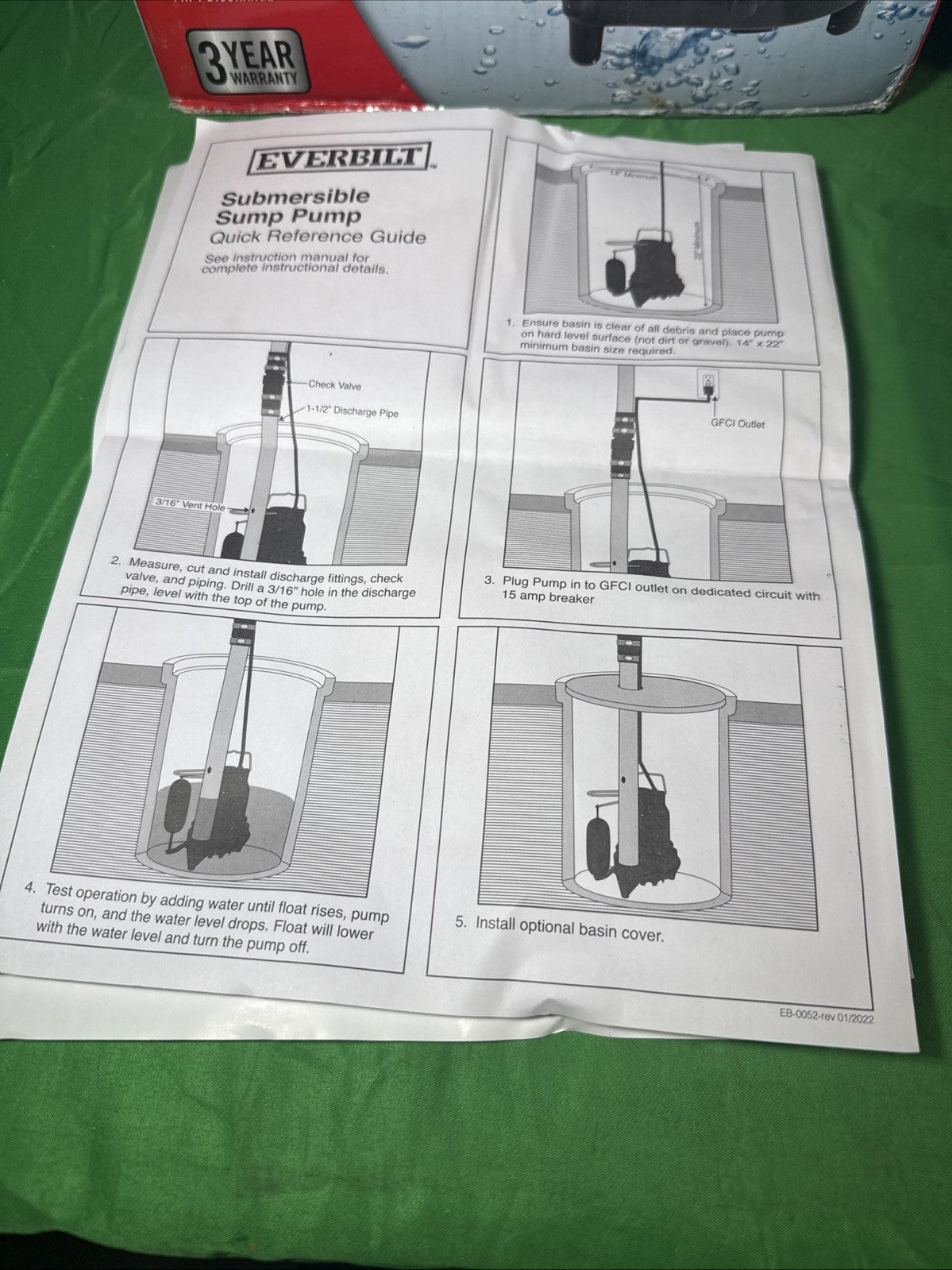 Everbilt 1/2 HP Cast Iron Sump Pump Model # HDS50 OPEN BOX