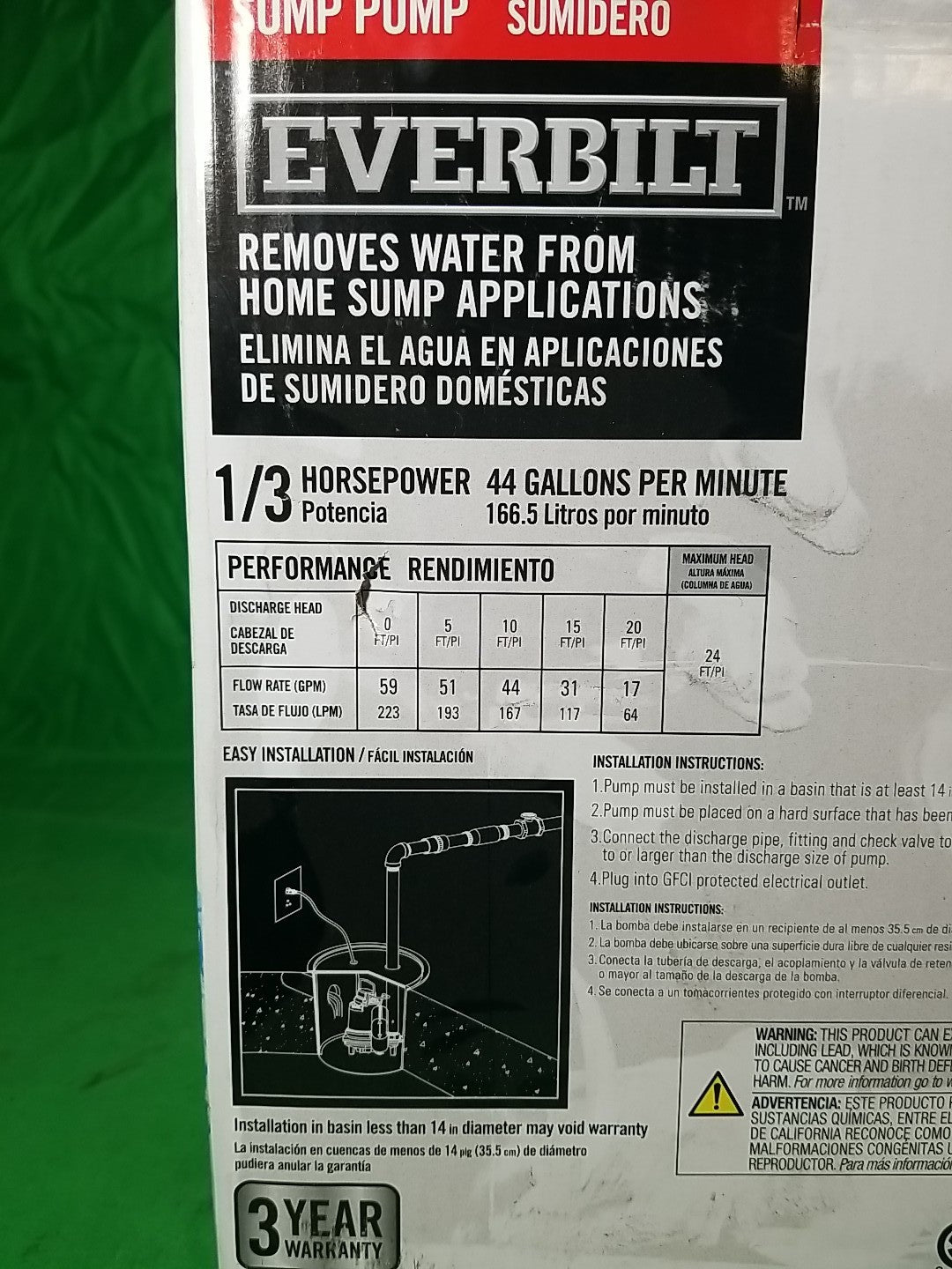 Everbilt 1/3 HP Cast Iron Submersible Sump Pump, USED Excellent Condition