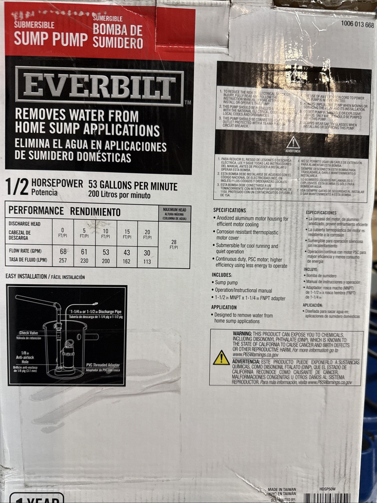 Everbilt 1/2 HP Corrosion Resistant Aluminum Sump Pump w/ Teather Float Switch