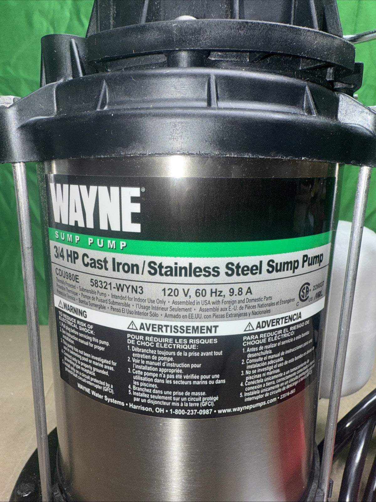 Wayne 58321-WYN3 CDU980E 3/4 HP Cast Iron and Stainless Steel Sump Pump.