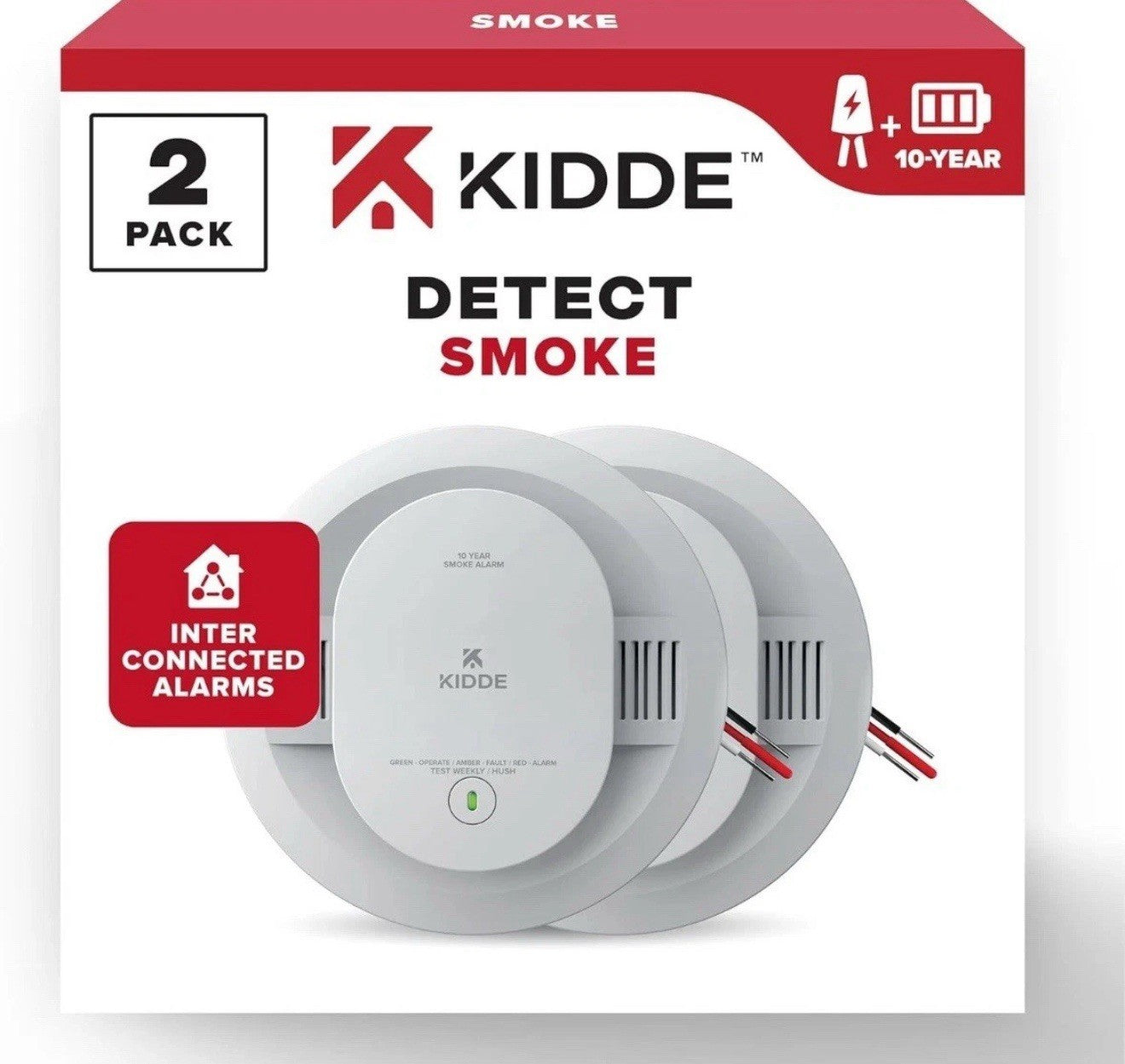 2 pack Kidde Hardwired Smoke Alarm Detector, 10Year Battery Backup Model 20SA10