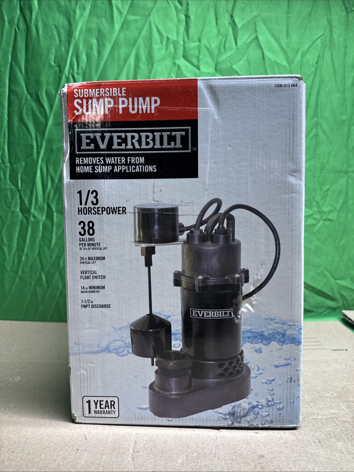 Everbilt 1/3 HP Aluminum Sump Pump Submersible  Vertical Switch- HDSP33V, NEW