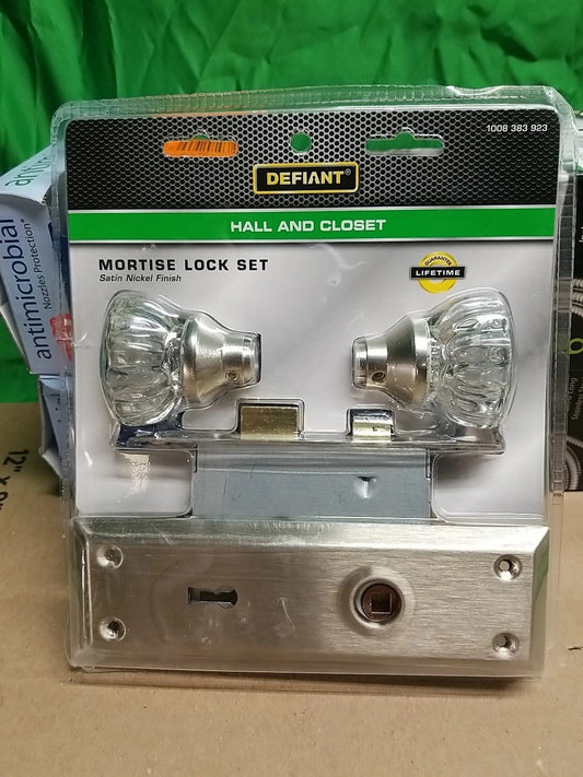 New Defiant Glass & Satin Nickel Knob Mortise Set For Hall & Closet With Key