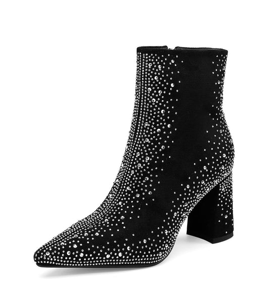 Women’s sparkly rhinestone block heel ankle bootie black suede sidezipper Size 8