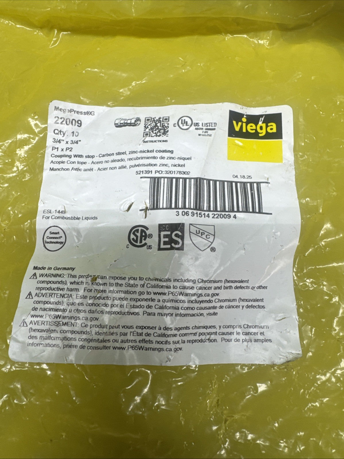 17 PACK Veiga MegaPress G. 3/4 Coupling W/ Stop. 22009. New Open Box