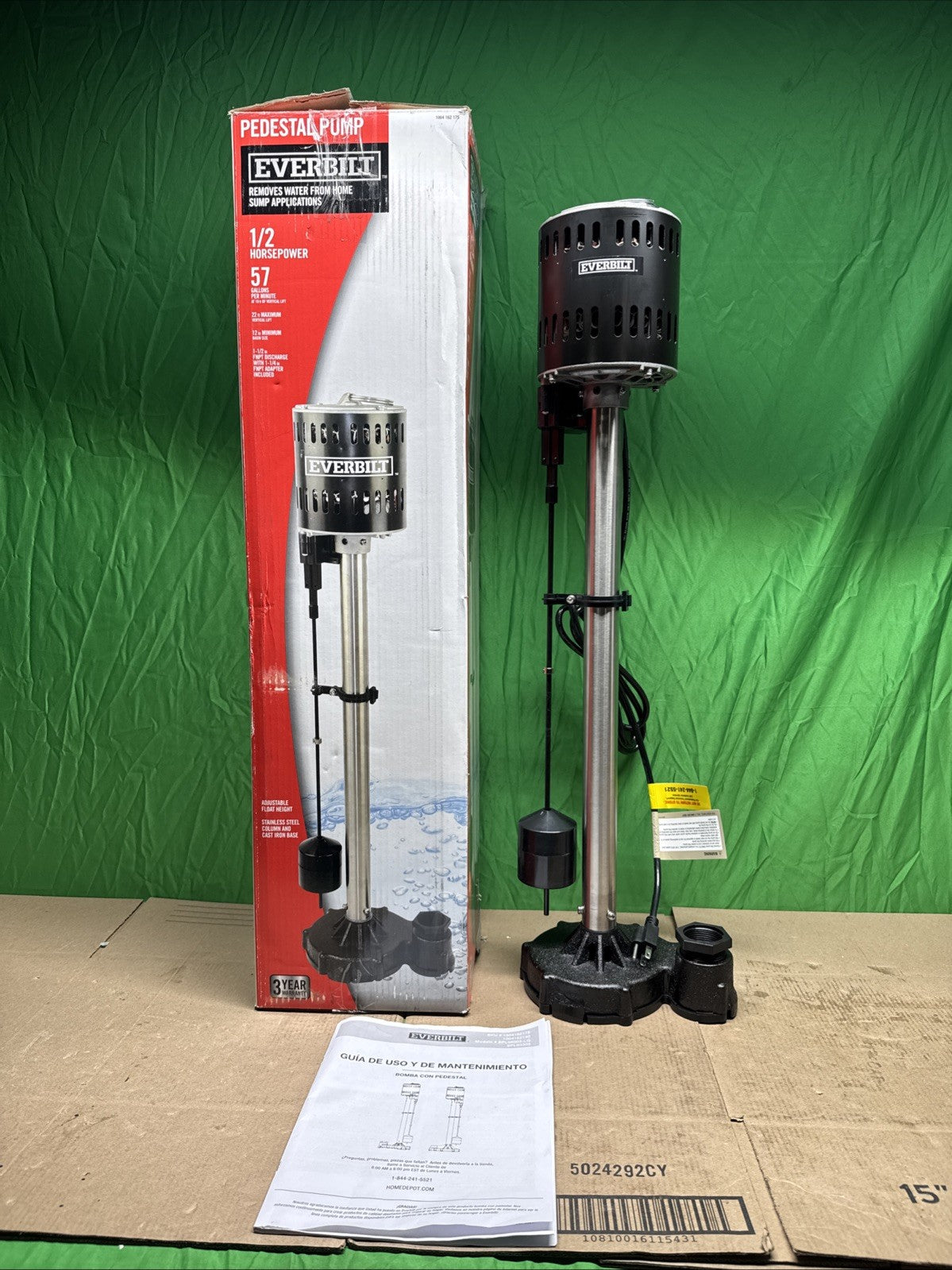 Everbilt Pedestal Sump Pump Stainless Steel and Cast Iron 1/2 HP SPL05003-LQ