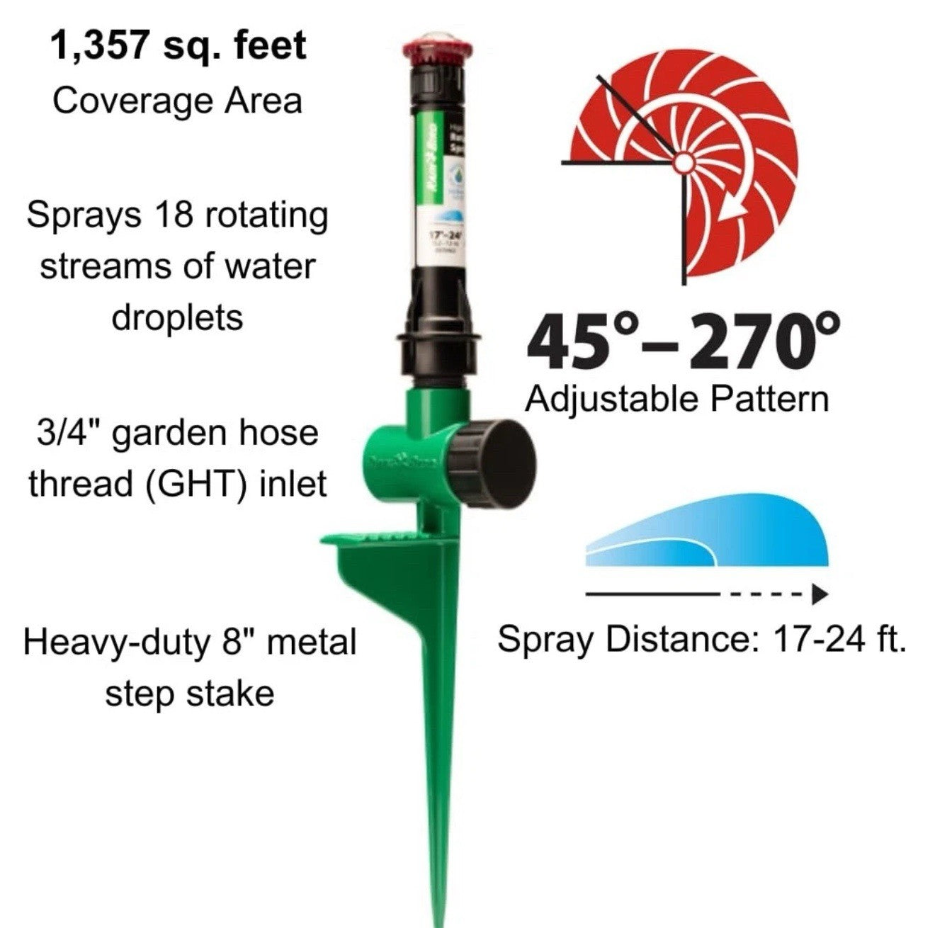 Rainbird Hose-End High-Efficiency Pro Rotary Sprinkler 45-270 Degree 17-24’