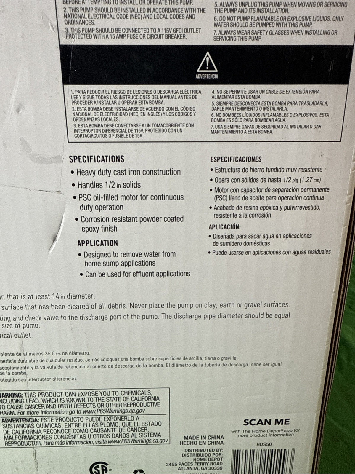 Everbilt 1/2 HP Cast Iron Sump Pump Model # HDS50 OPEN BOX.