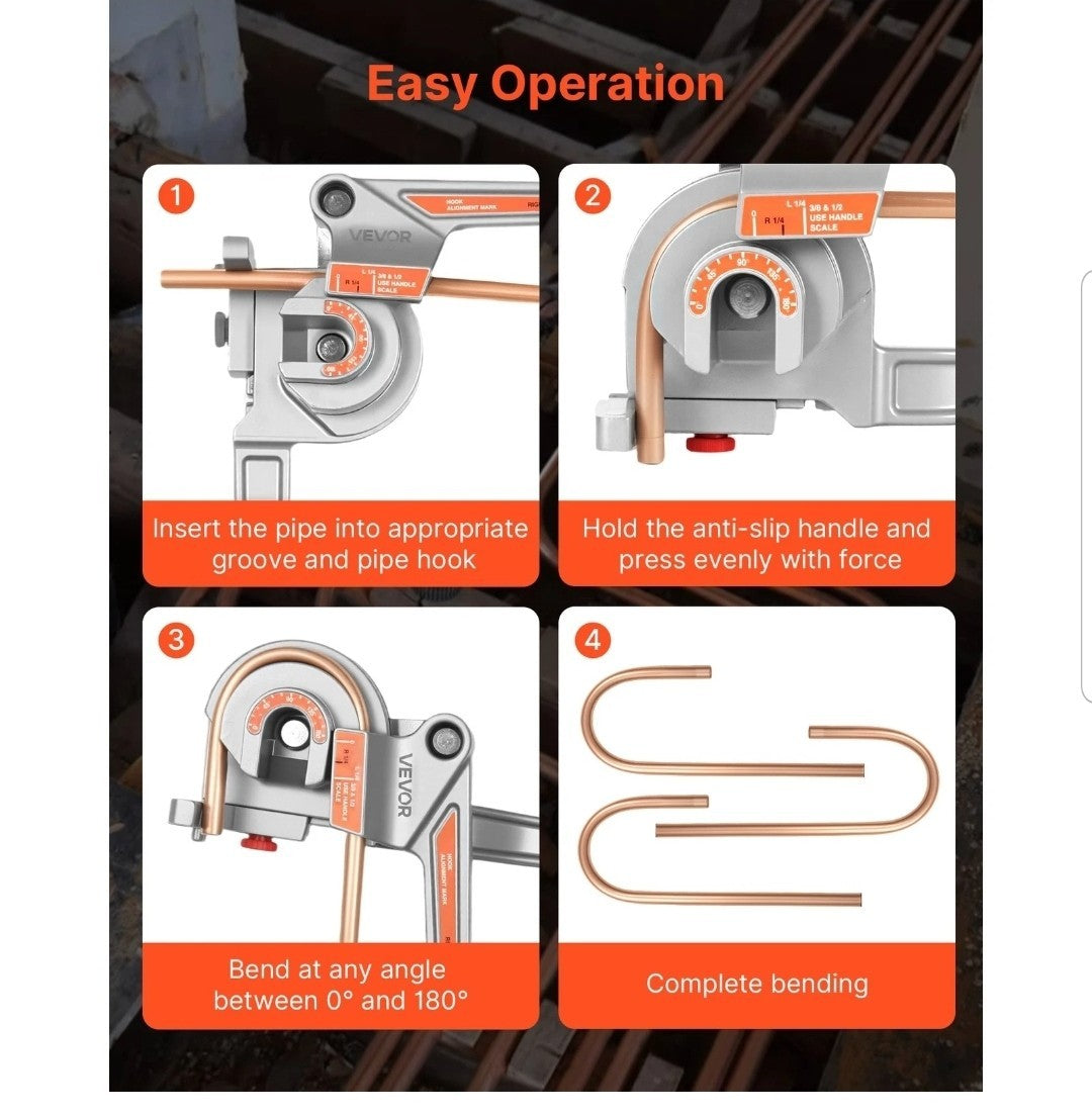 VEVOR 3 in 1 Lever Pipe Tube Bender for 1/4", 3/8", 1/2" O.D. 0-180° Bending