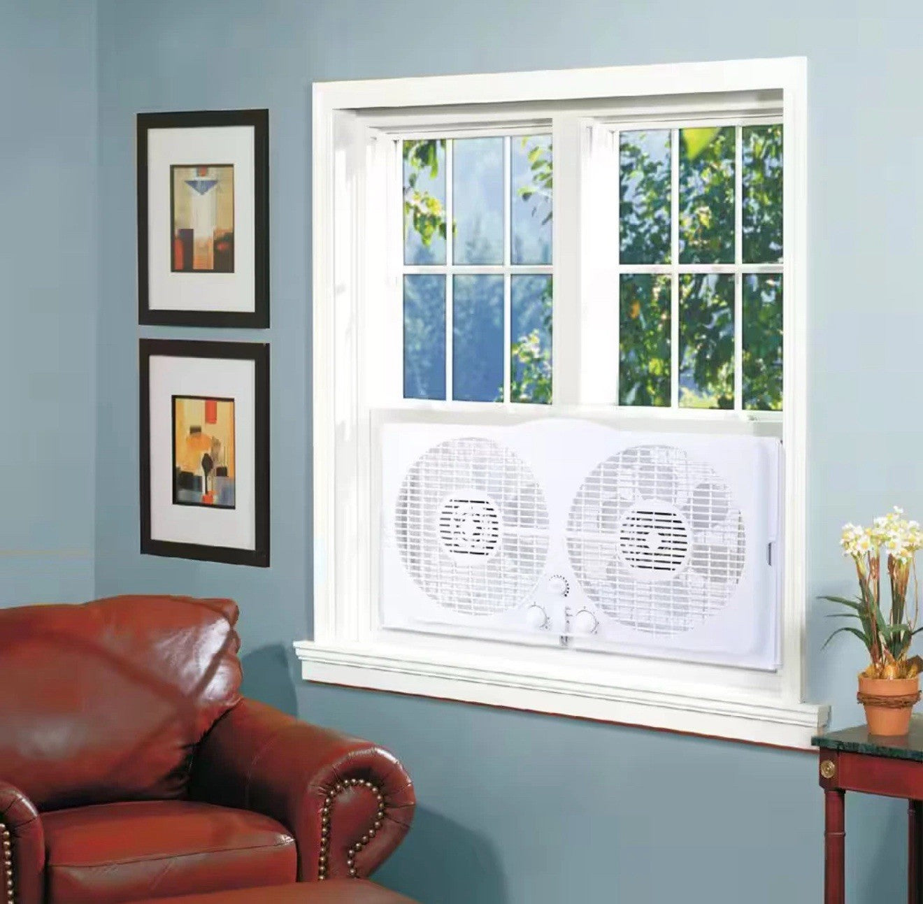 Window Fan Twin Reversible 9 in Adjustable Thermostat 3 Speed Quiet White
