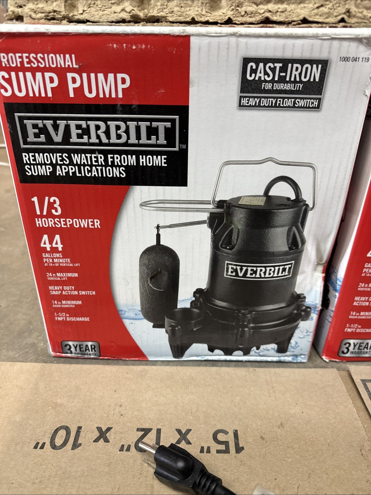 Everbilt 1/3 HP Cast Iron Submersible Sump Pump NEW open Box