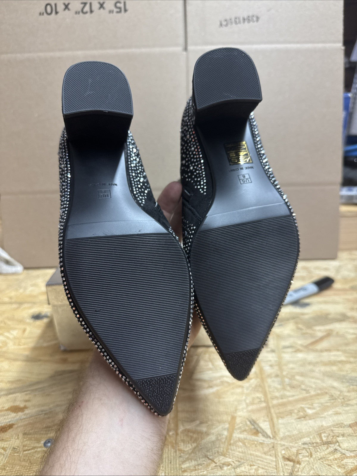 Women’s sparkly rhinestone block heel ankle bootie black suede sidezipper Size 8