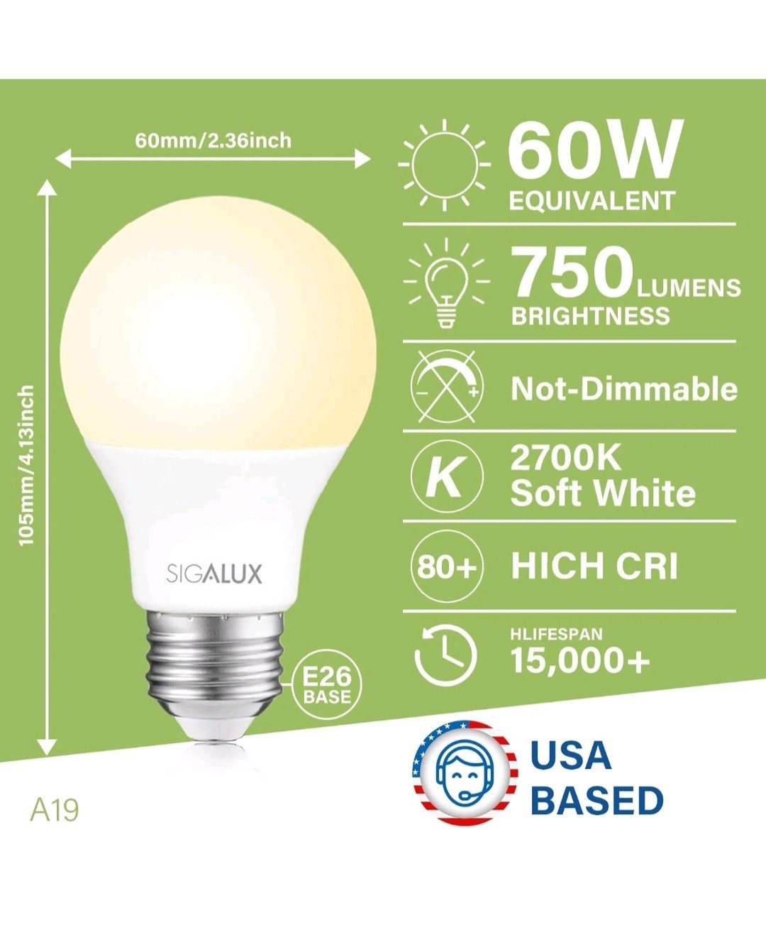 (10-pack) Sigalux A19 LED Light Bulbs 60, Soft White, Non Dimmable