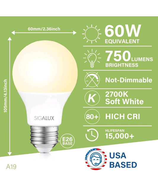 (10-pack) Sigalux A19 LED Light Bulbs 60, Soft White, Non Dimmable