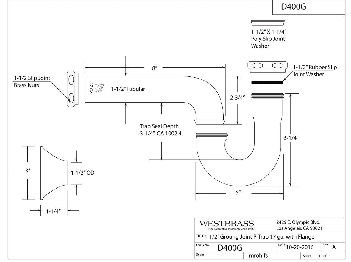 D400graw 11/2" 17 Ga. Tubular Ground Joint Ptrap With Bell Flange Unfinish