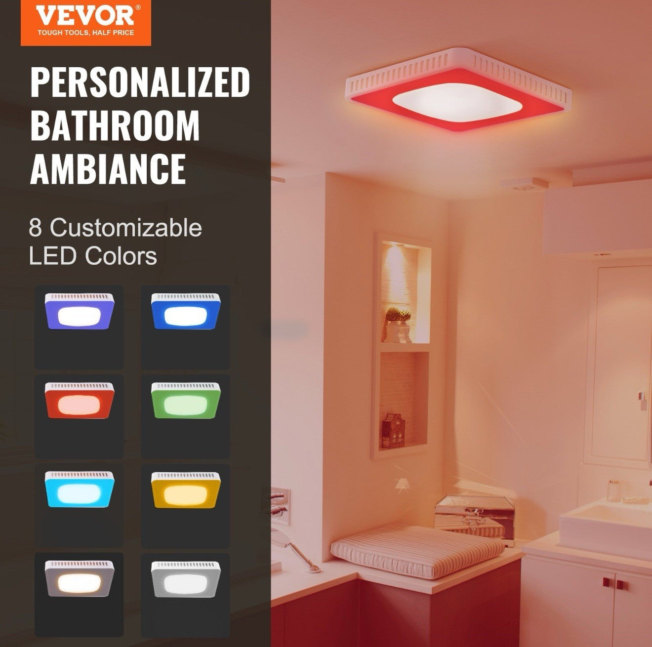 Bathroom Exhaust Fan, 8 LED Colors, 110 CFM, 1.5 Sones Low Noise, Energy-Saving