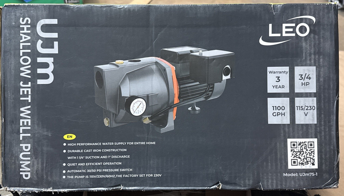 Leo Pump Cast Iron Construction Shallow Well Pump, 3/4 Hp 1100gpm 115/230v