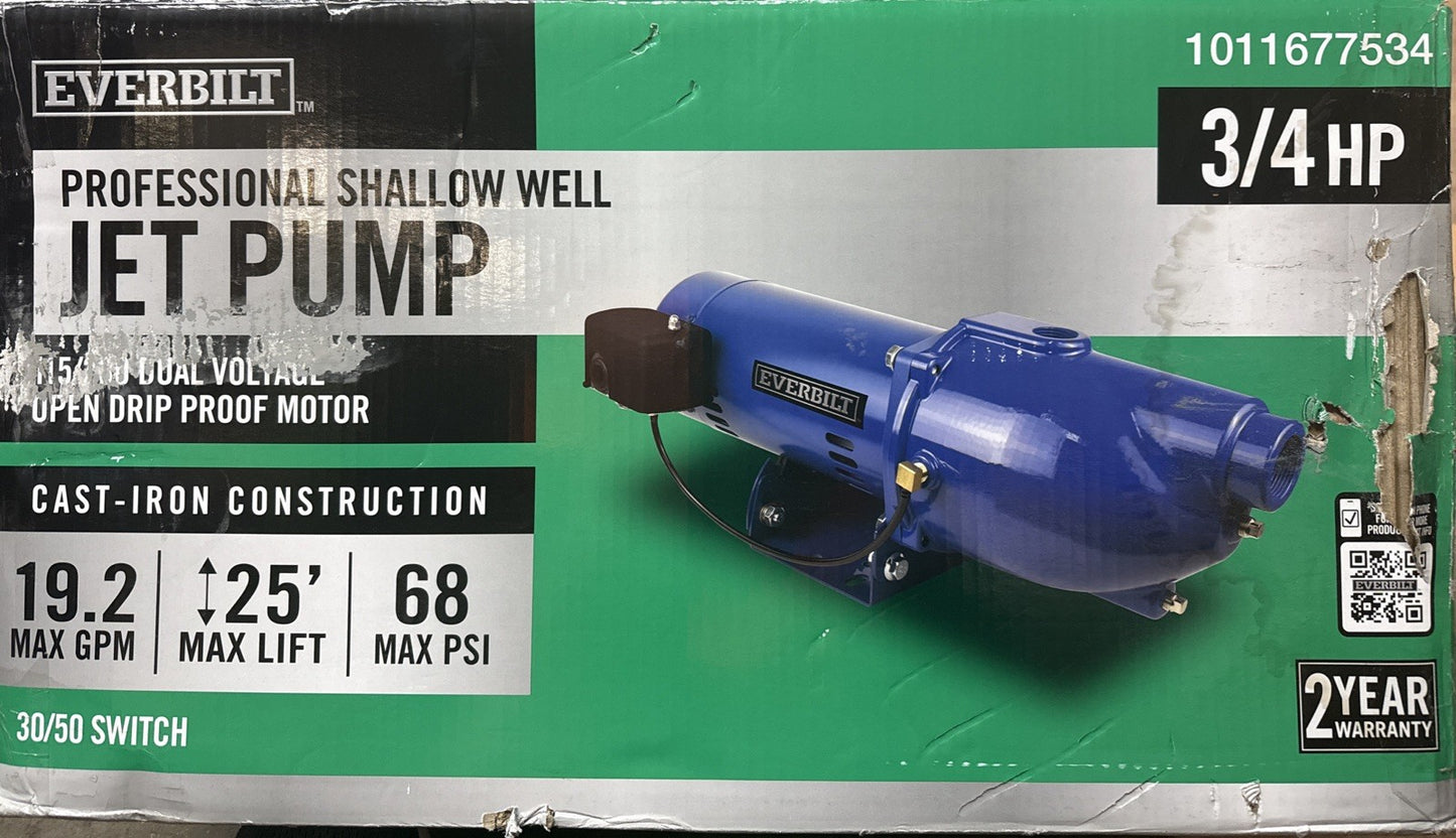 Everbilt 3/4 HP Cast Iron Shallow Well Jet Pump HDSWJ7 as is, *For Parts