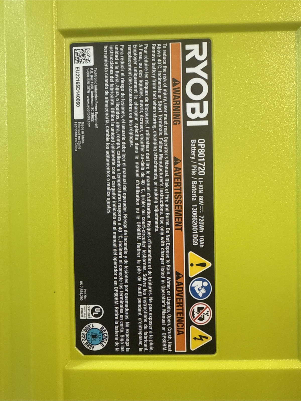 RYOBI 80V Battery 10 Ah Lithium-Ion Zero Turn Mower Battery (OP801720) OPEN BOX.