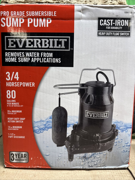 Everbilt 3/4HP Cast-Iron Pro-Grade Submersible Sump Pump 1004 120 345 HDS75