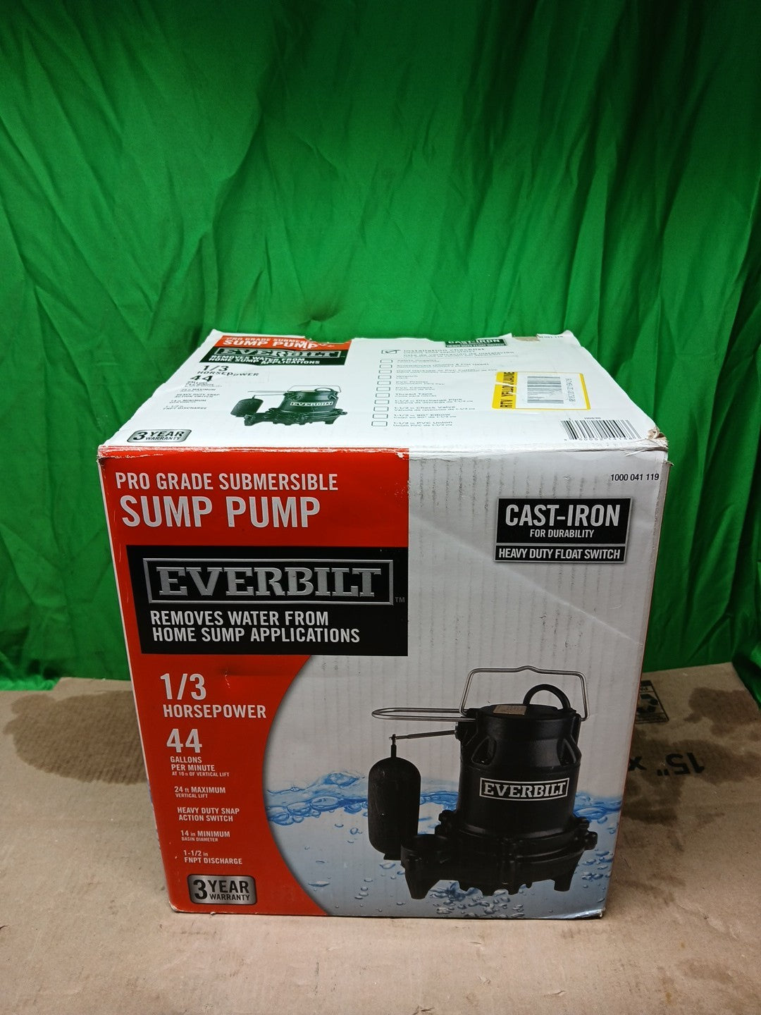 Everbilt 1/3 HP Cast Iron Submersible Sump Pump NEW open Box--