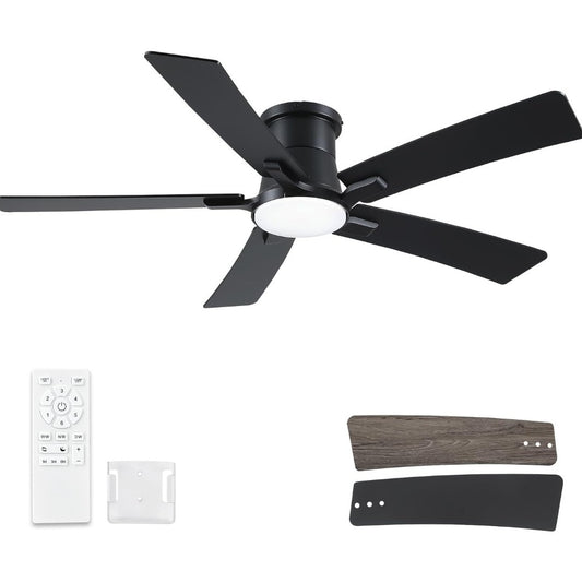 52 Inch Ceiling Fans with Lights and Remote, Black Low Profile Ceiling Fan