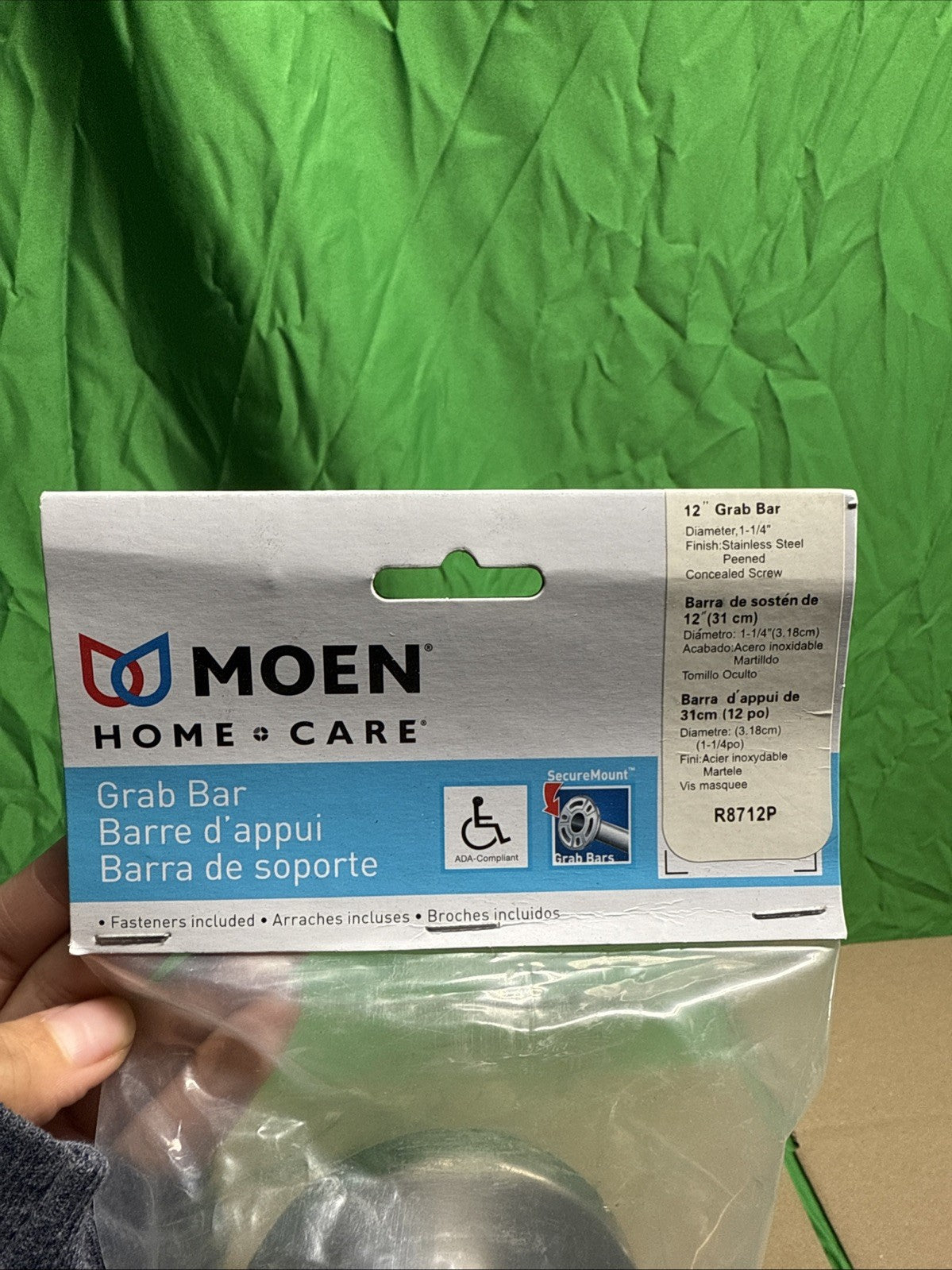 MOEN Home Care 12" Peened Concealed Screw Grab Bar Stainless Steel R8712P