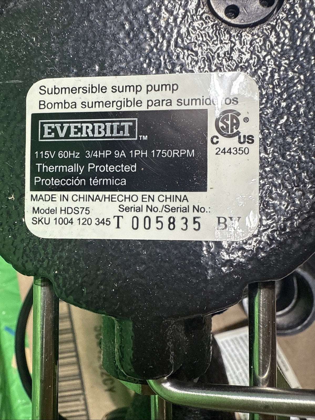 Everbilt 3/4HP Cast-Iron Pro-Grade Submersible Sump Pump 1004 120 345 HDS75 NOB