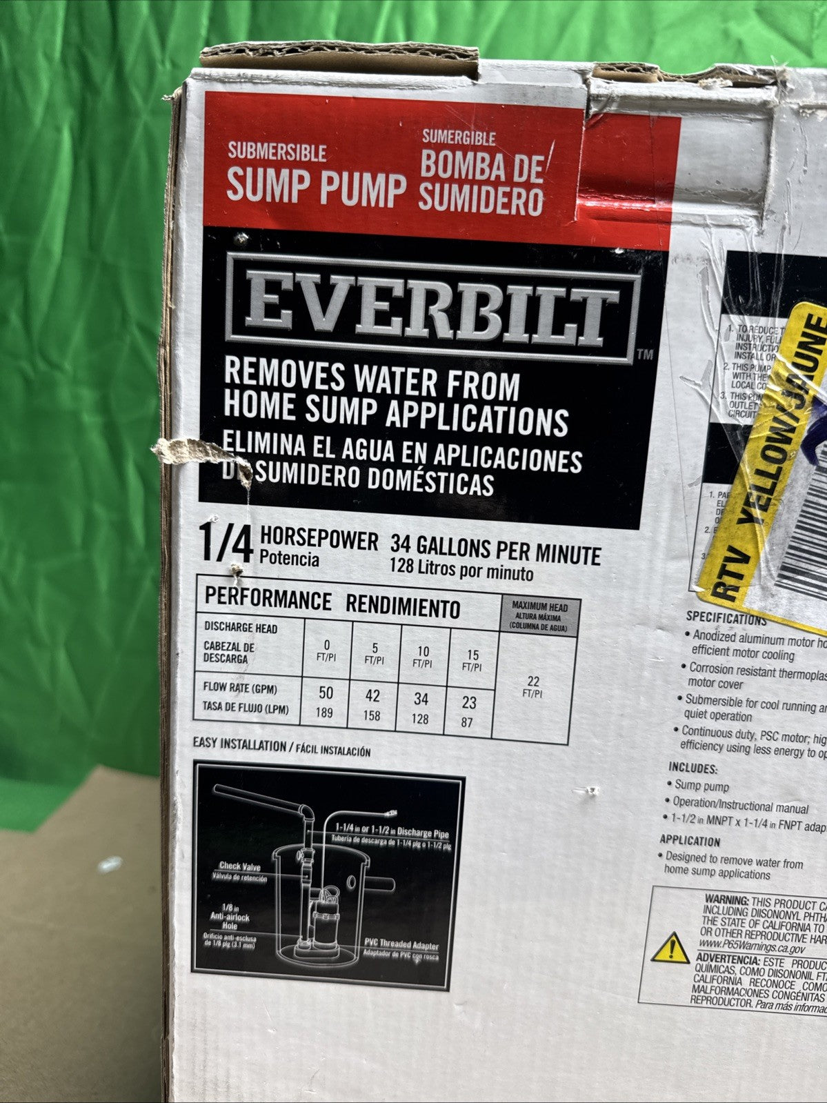 Everbilt 1/4 HP Aluminum Submersible Sump Pump Vertical Switch NEW OB