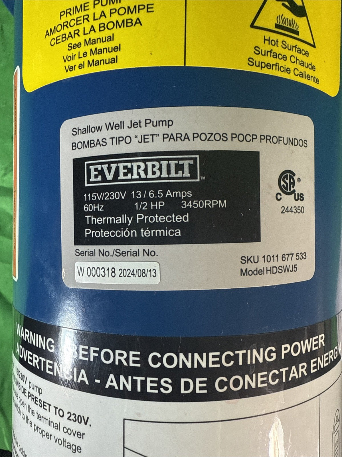 Everbilt Shallow Well Jet Pump Cast Iron 1/2HP HDSWJ5 Excellent Condition Tested