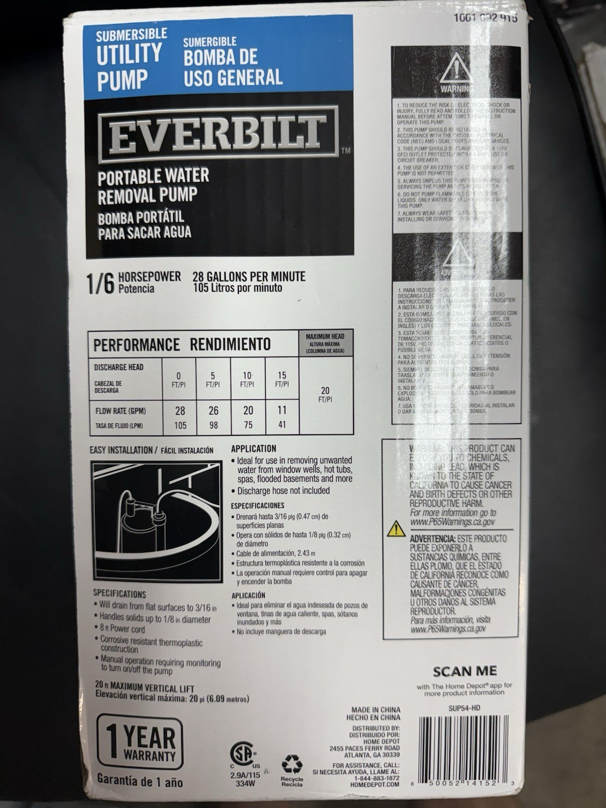 Everbilt 1/6 HP Plastic Submersible Utility Pump NEW OPEN BOX