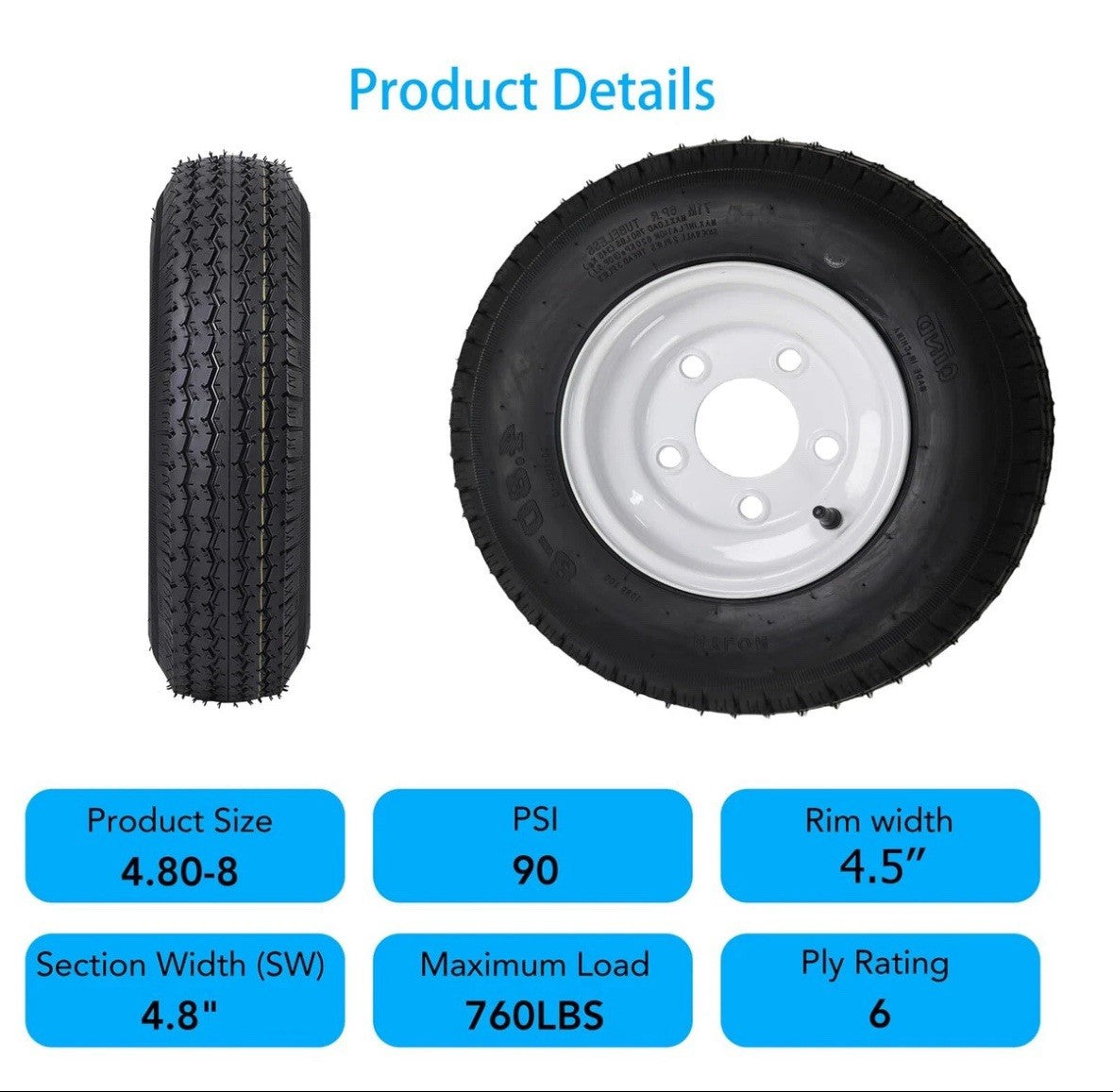 2 Pack 4.80-8 4.80x8 480-8 6PR Tires Trailer Tires with 8" Rims 5 Lug on 4.5"