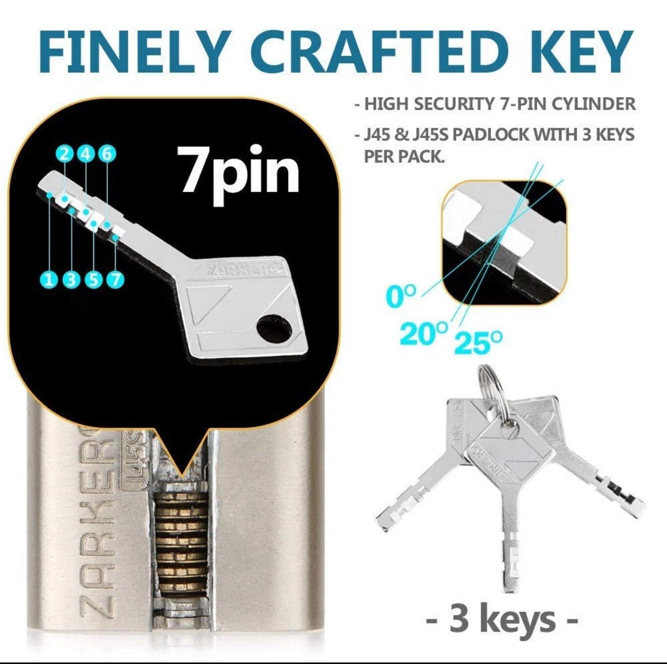 Zarker J45S keyed Padlock, Heavy Duty Stainless Steel Shackle Lock, 3 Keys, W...